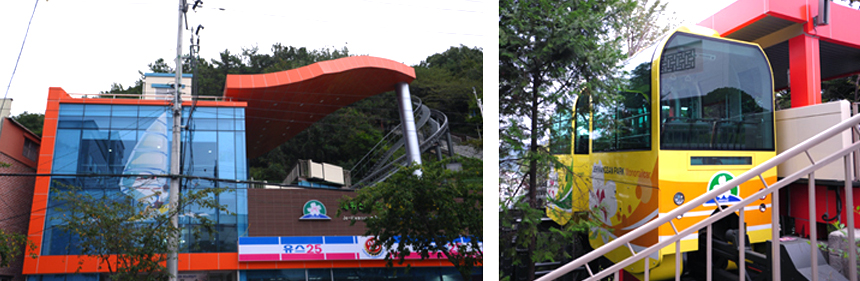 모노레일 건물 1층 출입구가 있으며 오른쪽에는 편의점이있음. 건물 앞 도로건너 편은 진해세광병원이 자리하고 있음.