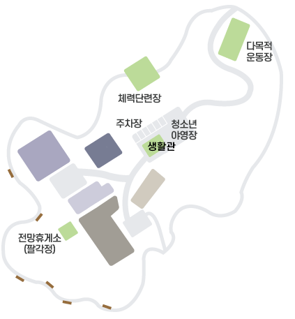 다목적 운동장을 따라 주차장(입구)에서 시계방향으로 올라가면 제1, 2야영장, 취사장 등이 위치하고 있는 지도를 표현