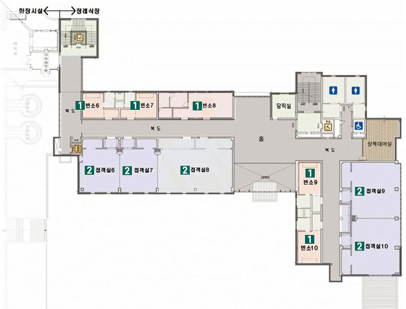 장례식장 2층으로 홀 좌측 6~8빈소, 우측 9~10빈소가 위치하고 있습니다.
